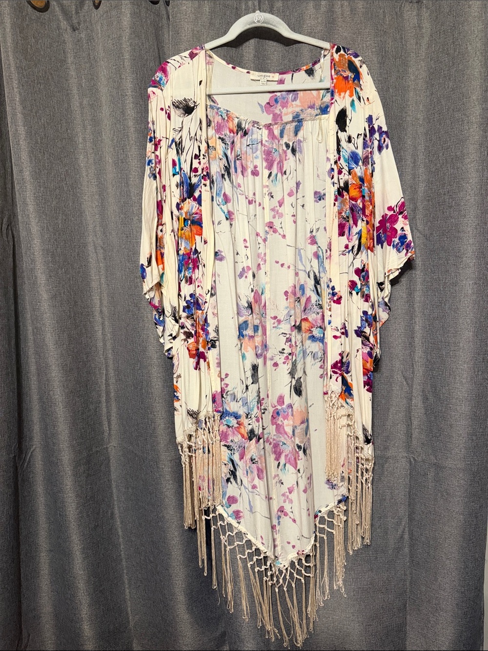 Umgee Cream Floral Fringe Kimono with Multicolor Blooms